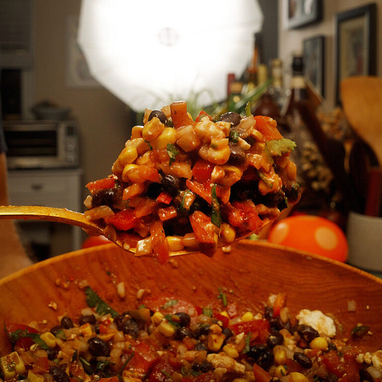 A big spoonful of black bean and corn salad