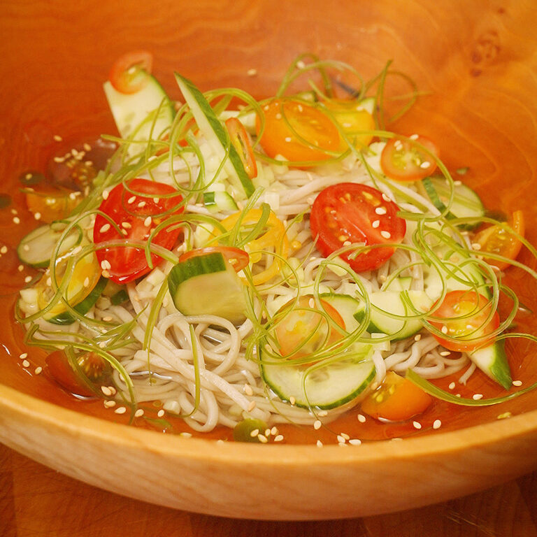 a bowl of cold soba noodles in tomato water with vegetables