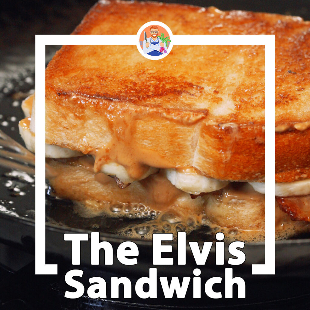 a peanut butter, banana and bacon sandwich being fried in butter on a carbon steel skillet