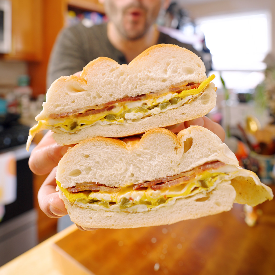 a NYC style bacon, egg and cheese breakfast sandwich
