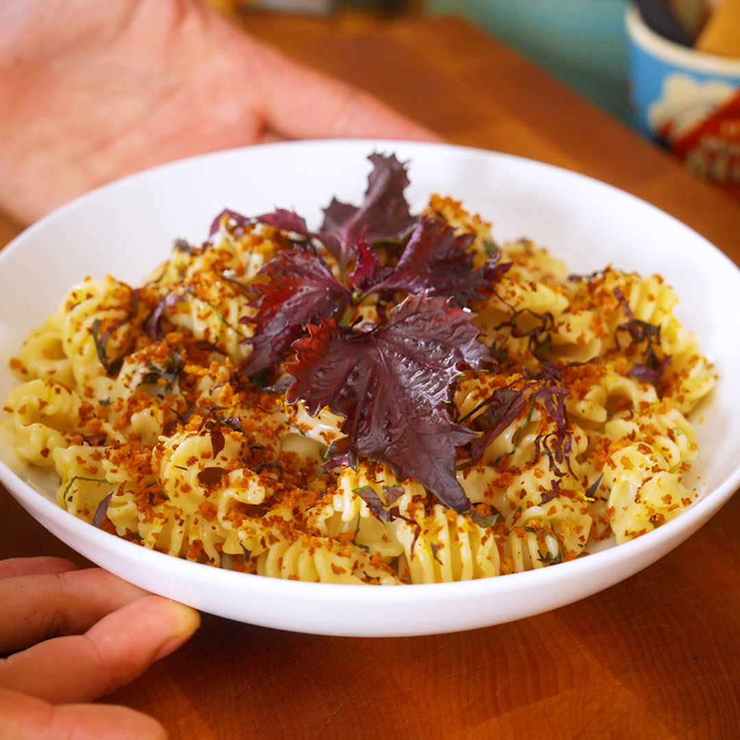 a bowl of shiso mornay pasta with toasted lemon breadcrumbs