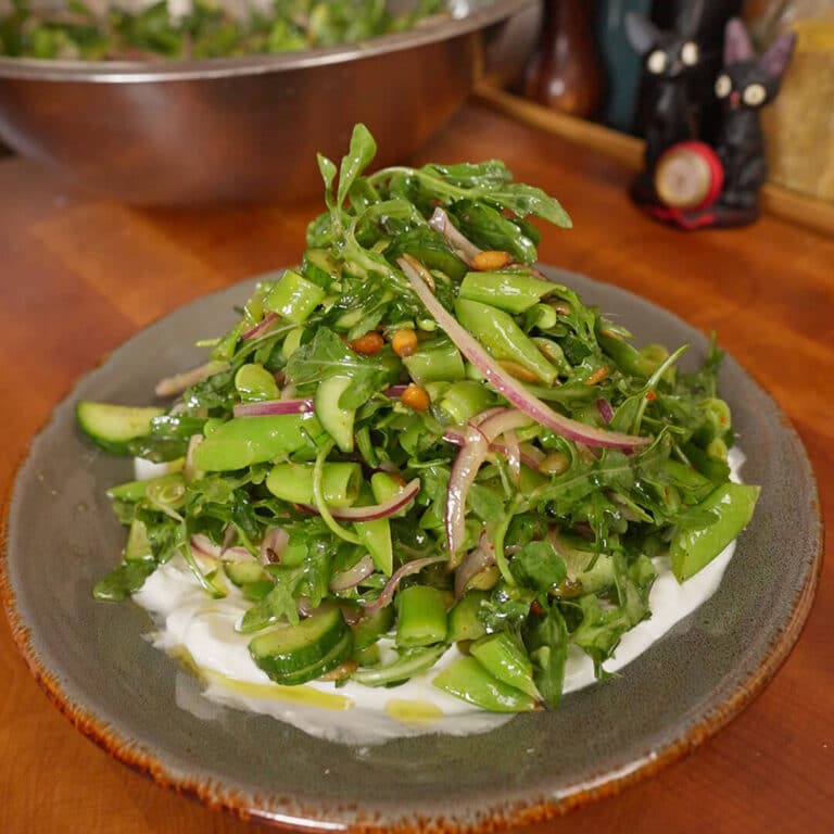 A gray ceramic plate with a wide swipe of white labneh, topped with a piled green salad of sliced sugar snap peas, arugula, cucumber, and thin red onion, with toasted seeds and a light drizzle of olive oil.